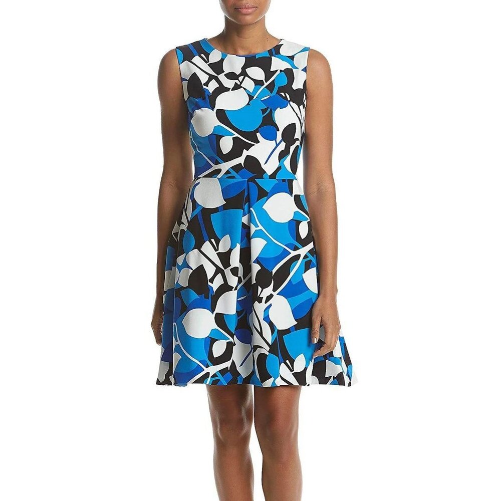 Just Taylor Blue Black White Leaf Print A-Line Dress w/ Pockets Size 14W 1X Plus